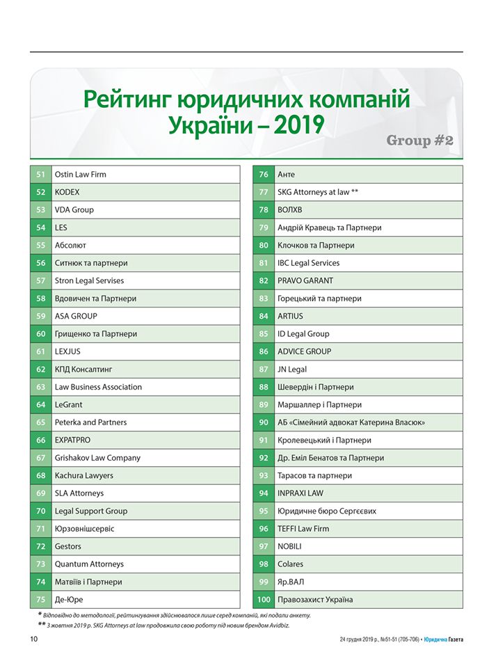 «Market leaders. Rating of Law Firms of Ukraine 2019 »